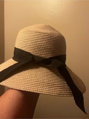 Wide Brim Straw Sun Hat with Black Ribbon - Women's Beach Hat